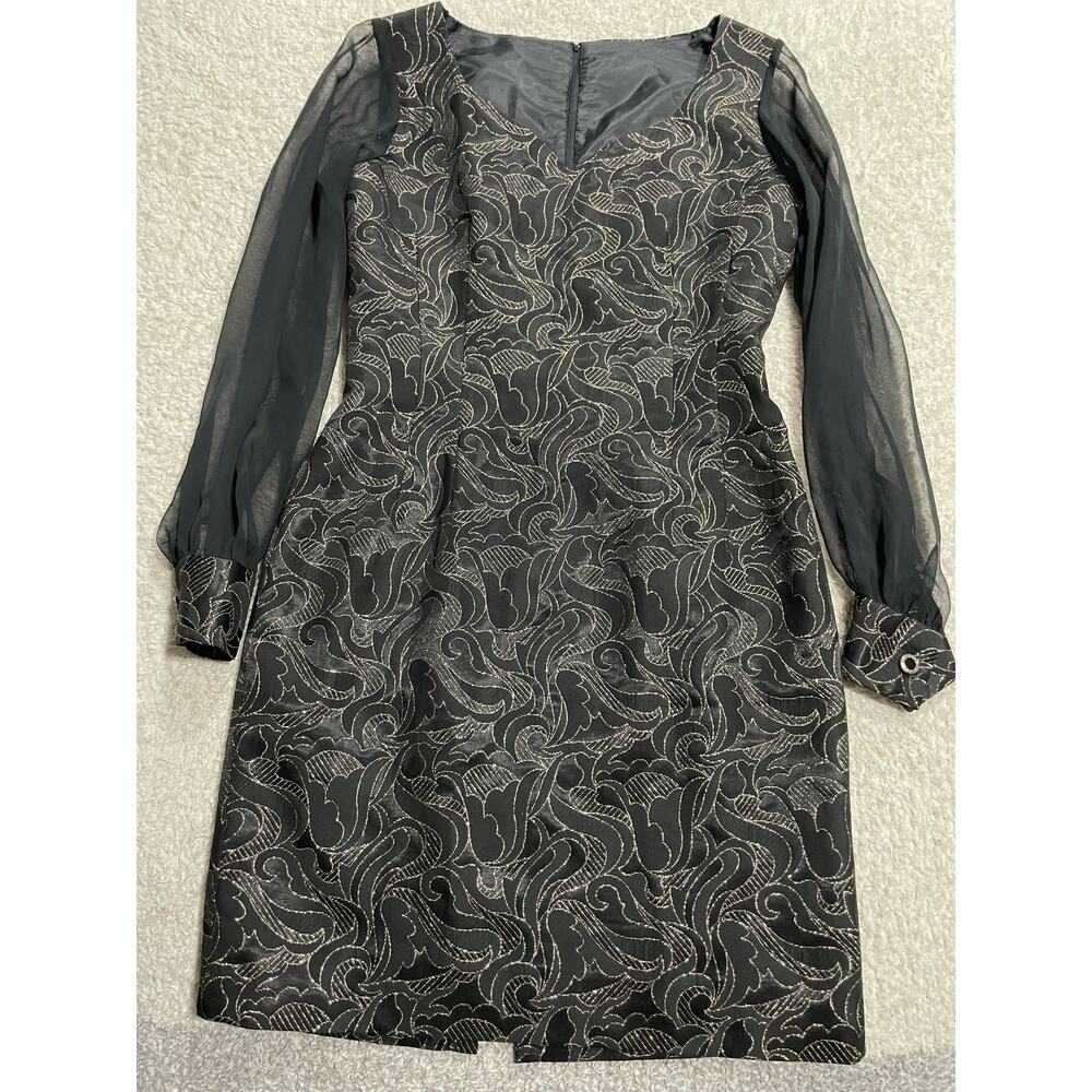 VTG 1980 Cocktail Dress Womens Medium Metallic Gold Sheer Long Sleeve Mini Black
